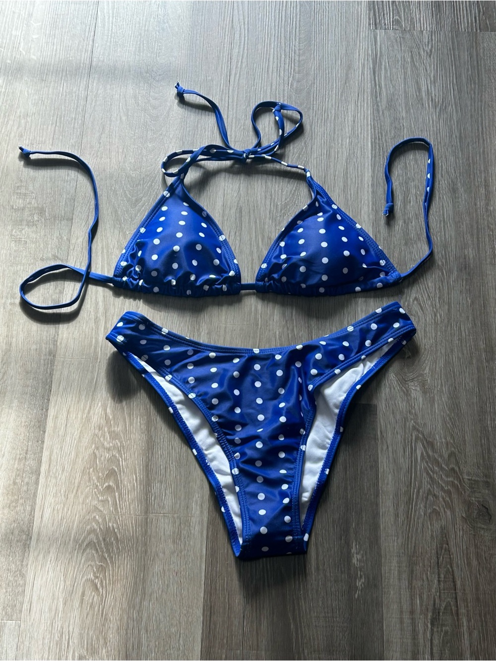 Blue White Polka Dot String Tie Triangle Bikini Set - Swimwear Size M - Picture 1 of 4